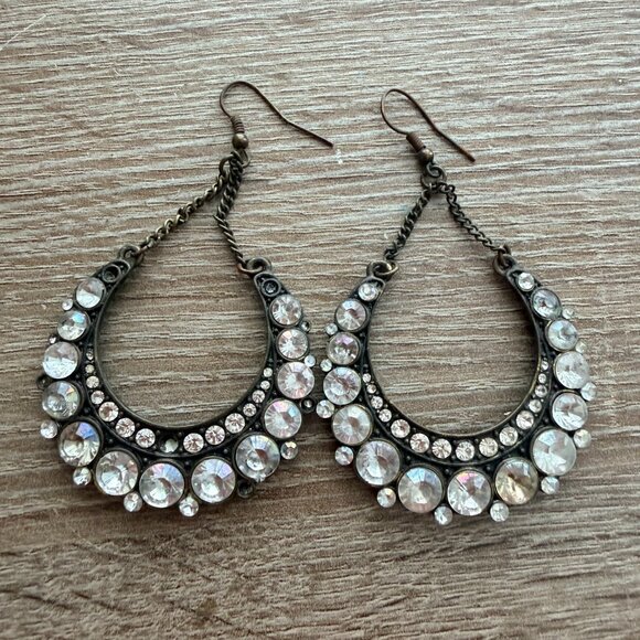 Rhinestone Statement Drop Earrings Antique Bronze Tone Boho Dangle - Picture 4 of 5